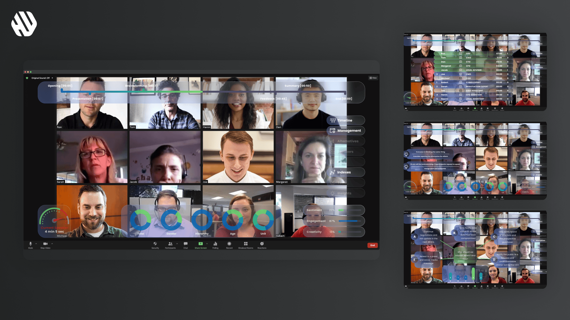 Screenshot of a virtual meeting in progress with multiple participants, using the Wirecast interface.